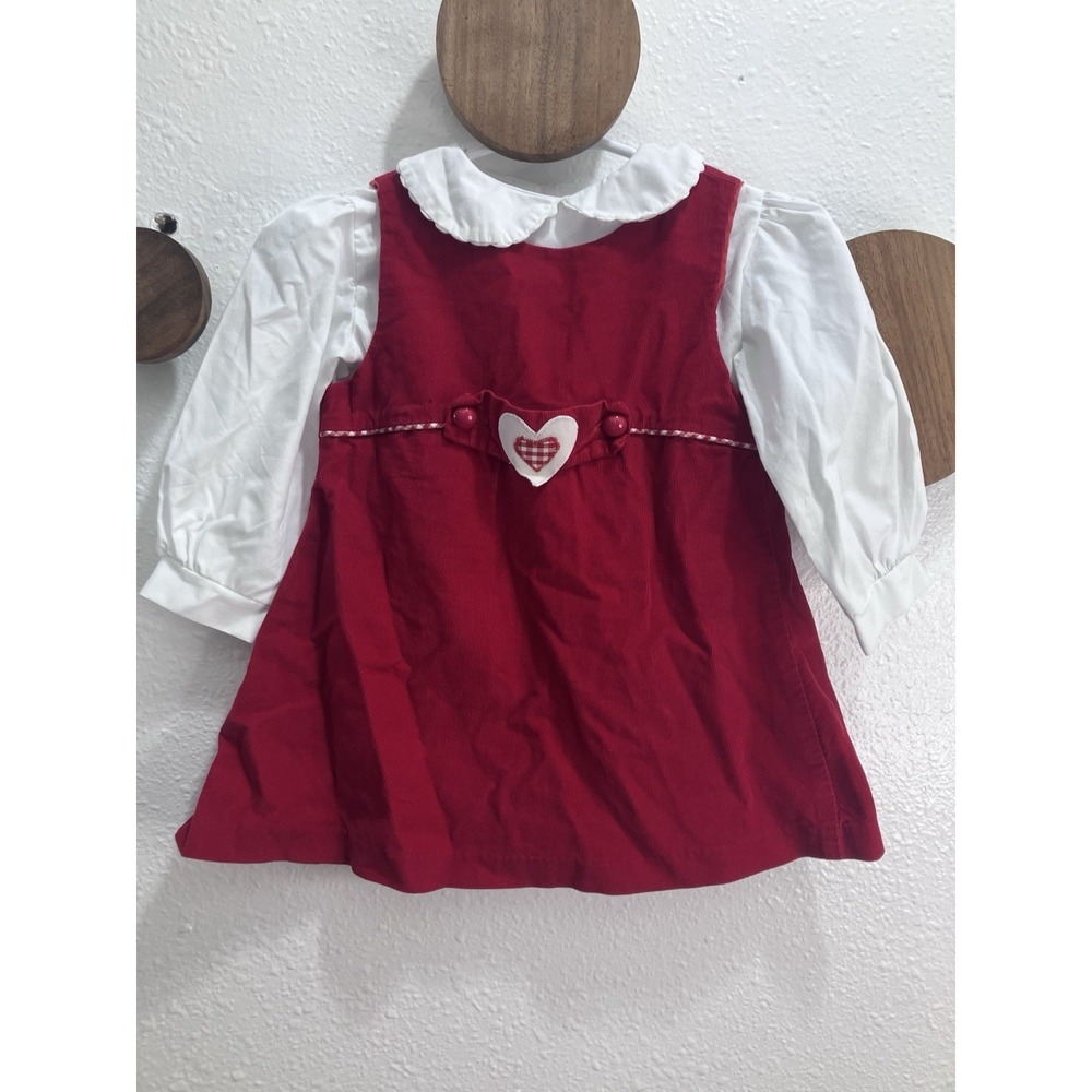 VTG Girls Funtasia Too Corduroy Red Heart Dress 2T Plus White Peter Pan Blouse